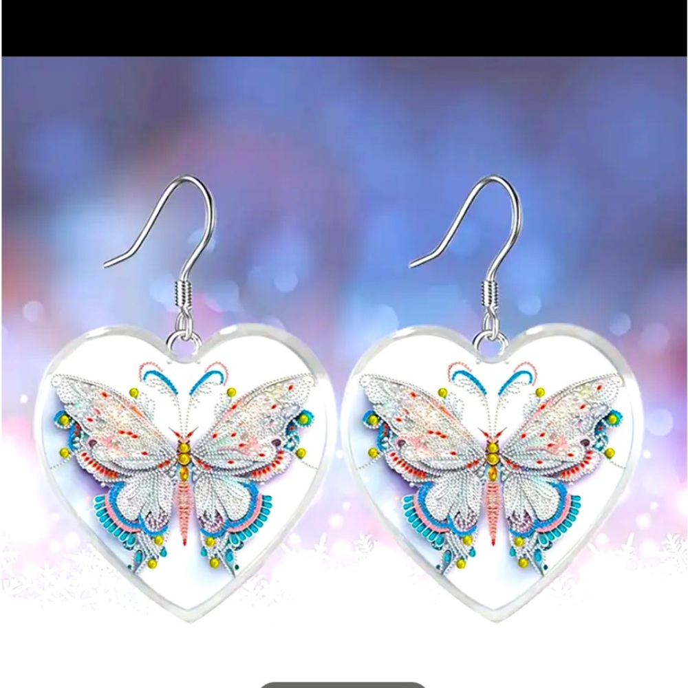 Multicolor Butterfly Pattern Heart Shaped Glass Pendant Earrings.